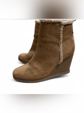 Women's Tan Suede Wedge Ankle Boots with Shearling Trim